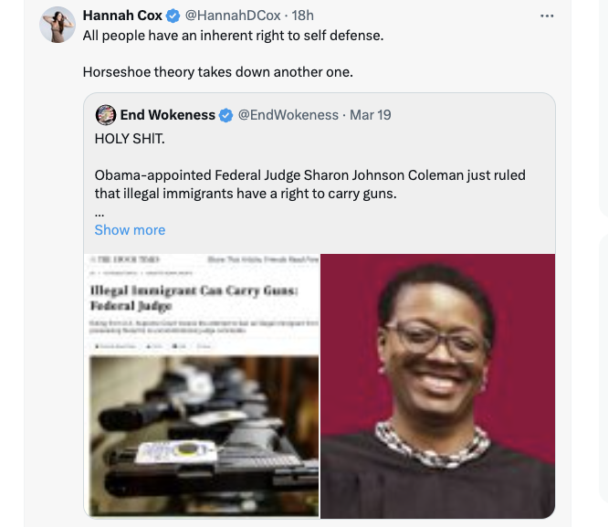 media - Hannah Cox 18h All people have an inherent right to self defense. Horseshoe theory takes down another one. End Wokeness Holy Shit. . Mar 19 Obamaappointed Federal Judge Sharon Johnson Coleman just ruled that illegal immigrants have a right to carr